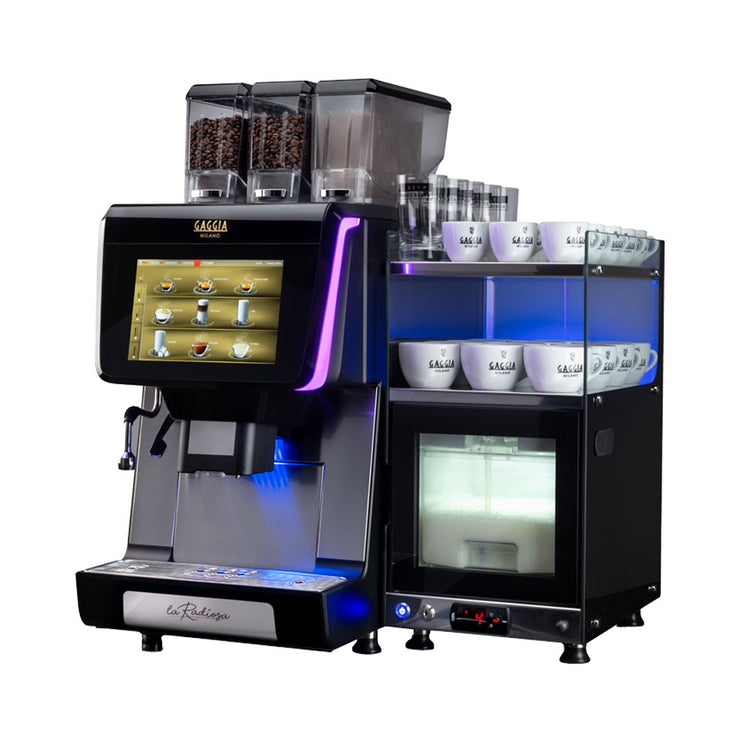 Gaggia La Radiosa Commercial Bean to Cup Coffee Machine side view with cup warmer and milk fridge